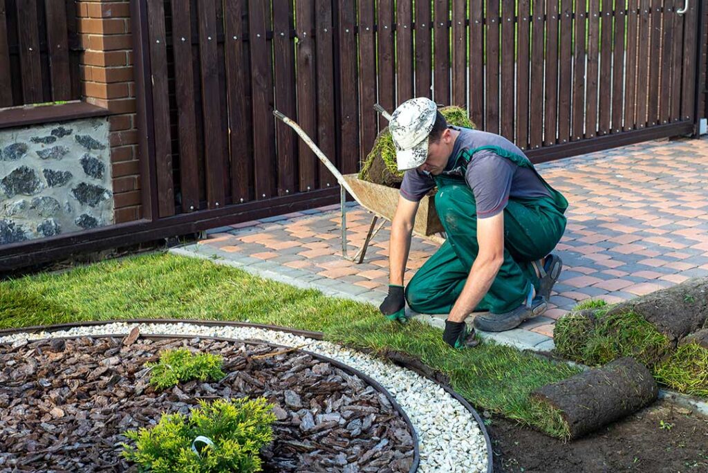 Homeowner tending drought-tolerant plants and raised vegetable beds in a modern backyard garden.