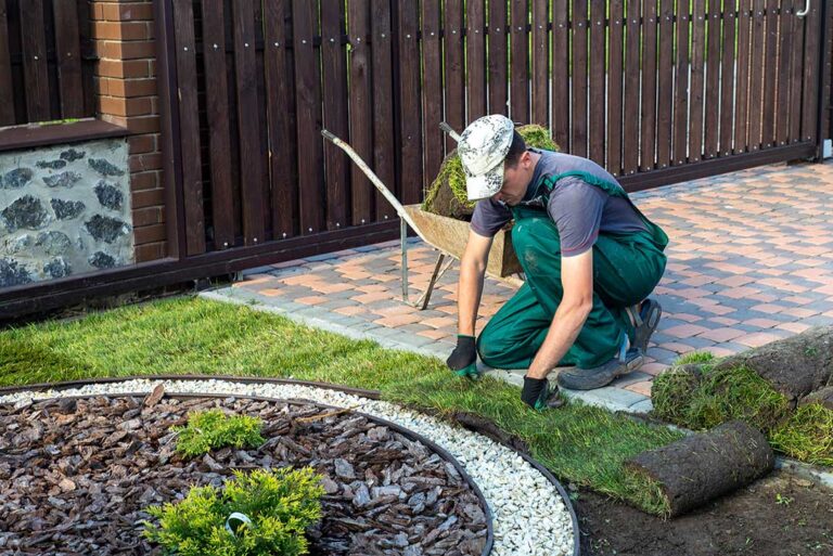 Homeowner tending drought-tolerant plants and raised vegetable beds in a modern backyard garden.