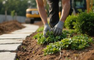 Two people in work gloves unrolling sod pieces onto a freshly prepared, level yard.