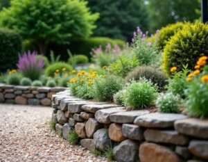 A homeowner examines flowering native plants and grasses in a sunny, water-wise residential garden.