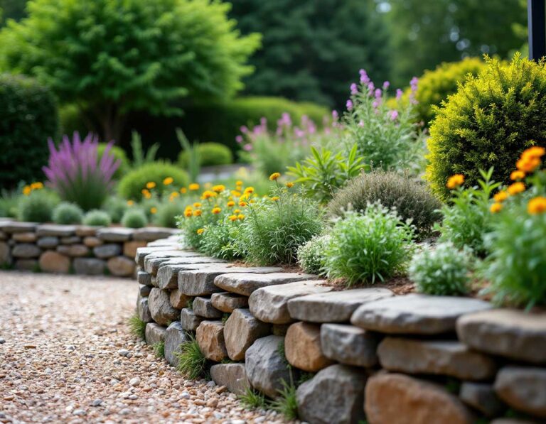 A homeowner examines flowering native plants and grasses in a sunny, water-wise residential garden.